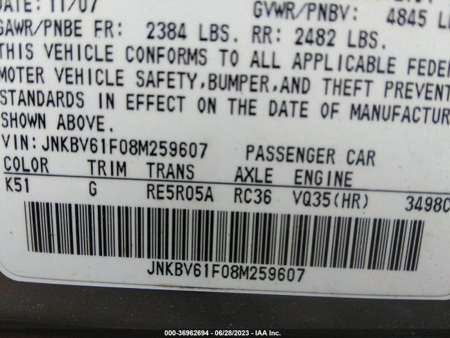 2008 INFINITI G35 SEDAN X VIN: JNKBV61F08M259607