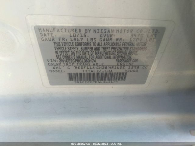 3N1CE2CP0GL363174 Nissan Versa Note S/s Plus/sv/sr/sl