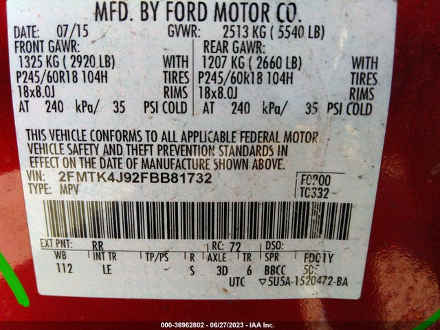 Ford EDGE SEL 2015 2FMTK4J92FBB81732 Image 15