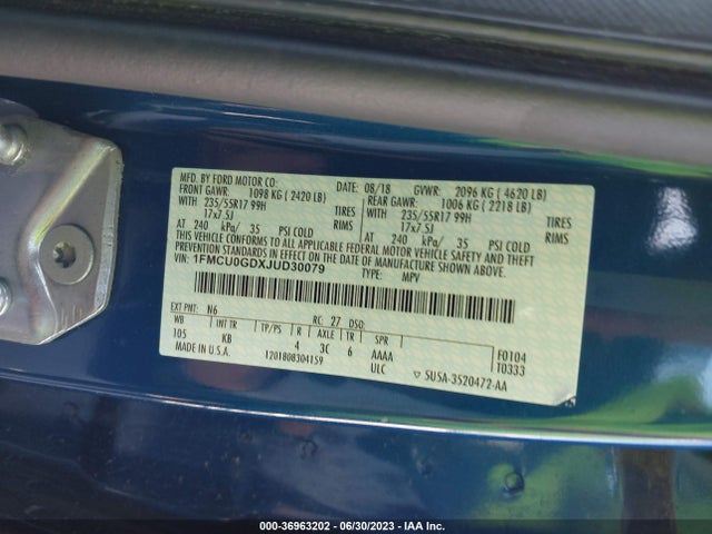 2018 FORD ESCAPE SE VIN: 1FMCU0GDXJUD30079