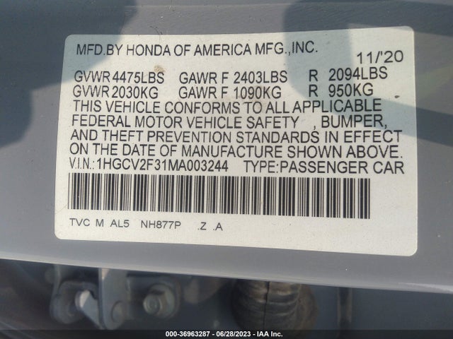 2021 HONDA ACCORD SEDAN SPORT VIN: 1HGCV2F31MA003244