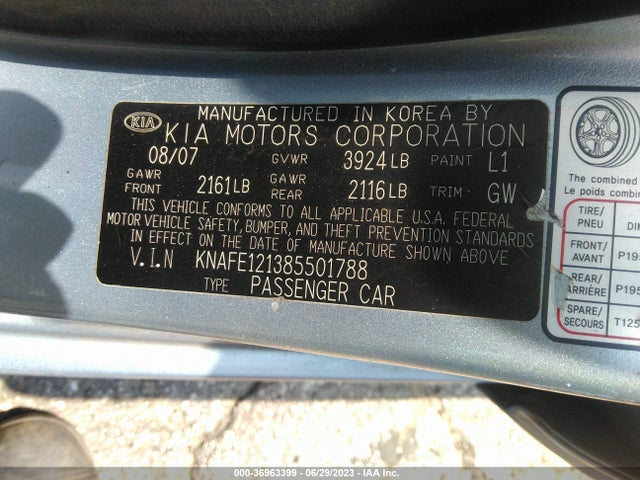 2008 KIA SPECTRA EX VIN: KNAFE121385501788