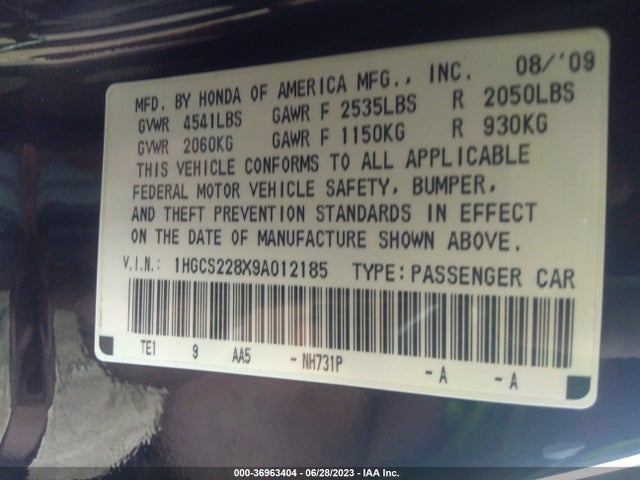 2009 HONDA ACCORD CPE EX-L VIN: 1HGCS228X9A012185