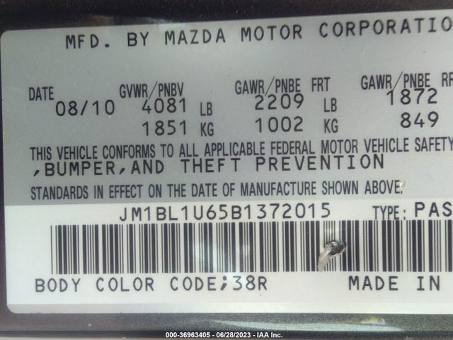 2011 MAZDA MAZDA3 S SPORT VIN: JM1BL1U65B1372015
