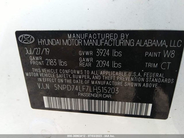 2020 HYUNDAI ELANTRA SE VIN: 5NPD74LF7LH515203