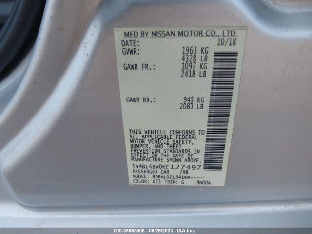 2019 NISSAN ALTIMA 2.5 S VIN: 1N4BL4BV0KC127497