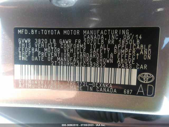 2014 TOYOTA COROLLA L/LE/S/S PLUS/LE PLUS VIN: 2T1BURHE3EC193632
