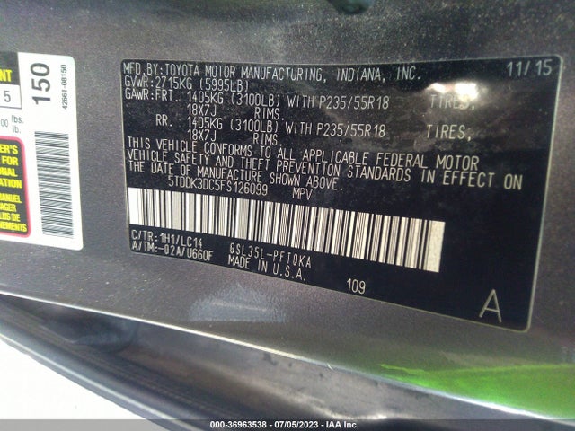 2015 TOYOTA SIENNA XLE 7 PASSENGER VIN: 5TDDK3DC5FS126099