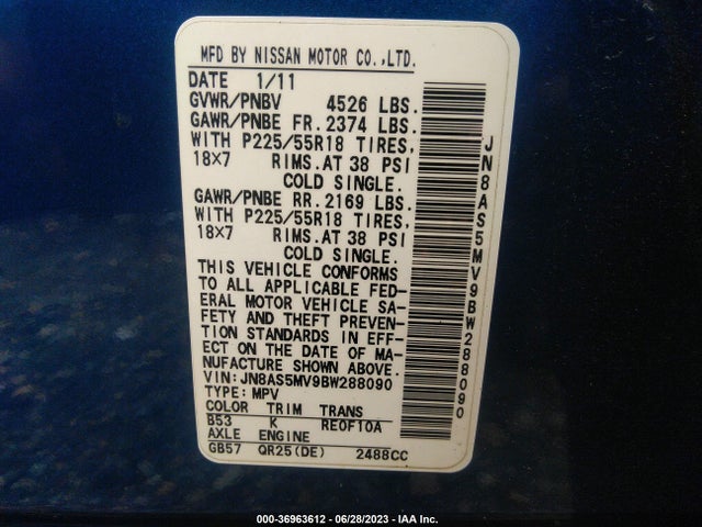 2011 NISSAN ROGUE SV VIN: JN8AS5MV9BW288090