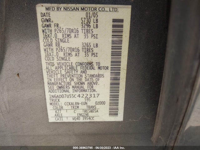 2005 NISSAN FRONTIER 2WD SE VIN: 1N6AD07U55C422317