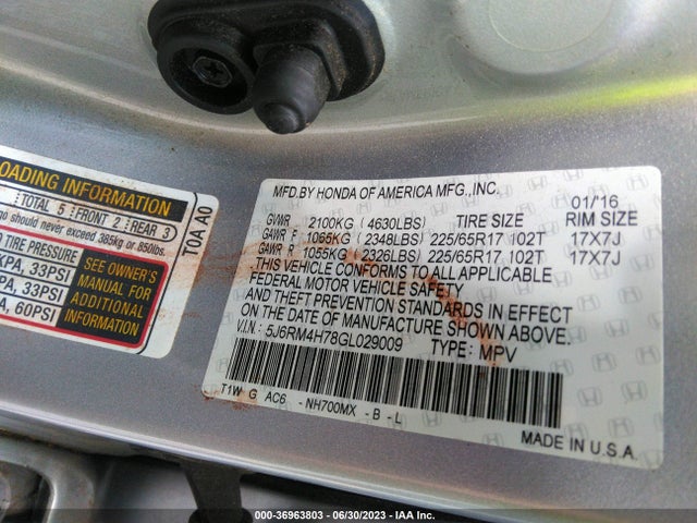 Honda Cr-v Ex-l 2016 5J6RM4H78GL029009 Image 9