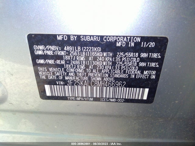 2021 SUBARU FORESTER SPORT VIN: JF2SKALC8MH466962