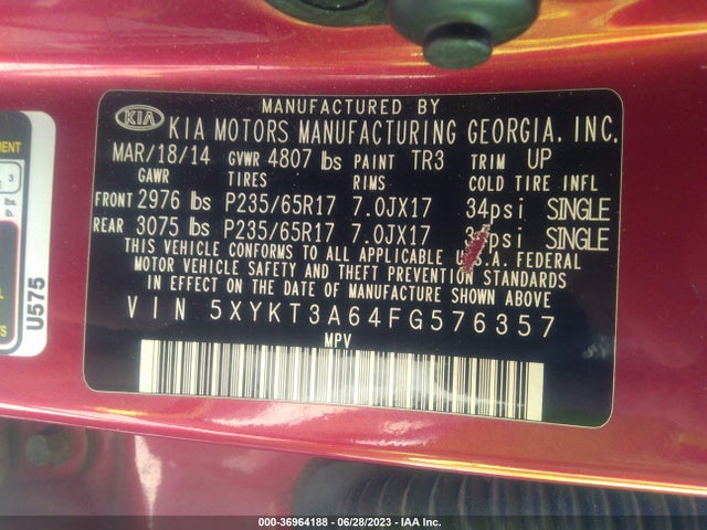 2015 KIA SORENTO LX VIN: 5XYKT3A64FG576357