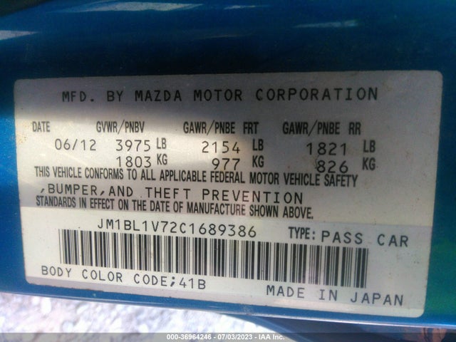2012 MAZDA MAZDA3 VIN: JM1BL1V72C1689386
