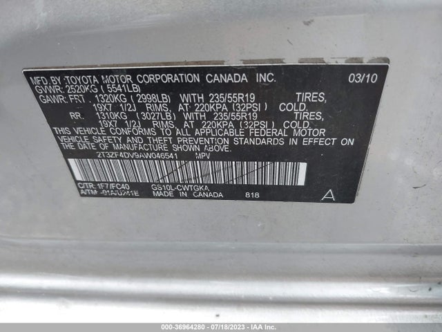 2010 TOYOTA RAV4 VIN: 2T3ZF4DV9AW046541