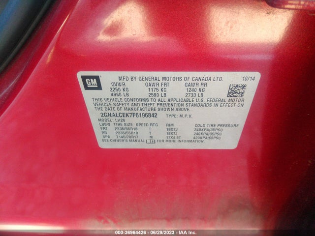 Chevrolet EQUINOX LT 2015 2GNALCEK7F6196842 Image 10