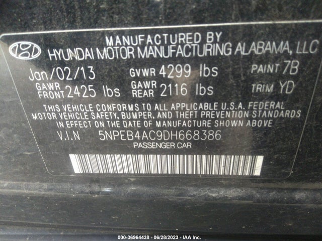 2013 HYUNDAI SONATA GLS PZEV VIN: 5NPEB4AC9DH668386