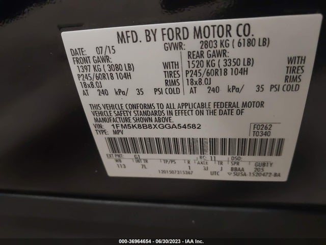 2016 FORD EXPLORER BASE VIN: 1FM5K8B8XGGA54582