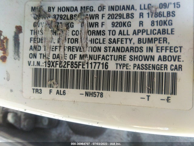 Honda Civic Sedan Ex 2015 19XFB2F85FE117716 Image 9