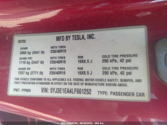 5YJ3E1EA4LF661252 Tesla Model 3 Standard Range