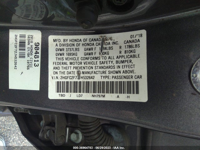 2018 HONDA CIVIC SEDAN EX VIN: 2HGFC2F72JH532642