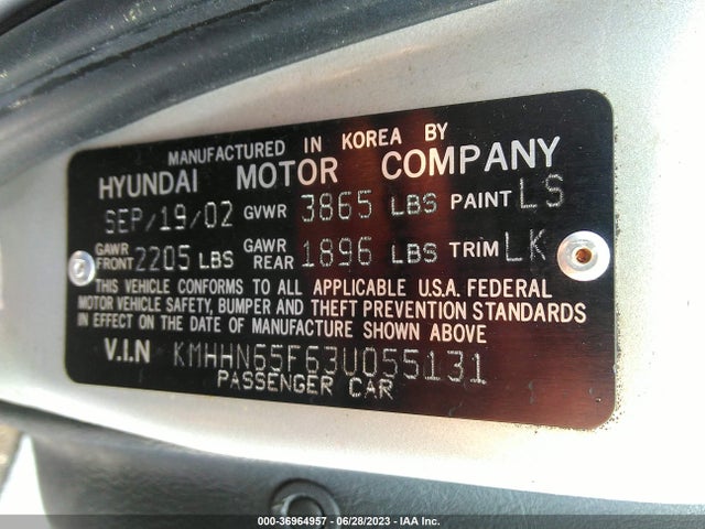 2003 HYUNDAI TIBURON GT VIN: KMHHN65F63U055131