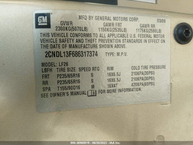 2008 CHEVROLET EQUINOX LS VIN: 2CNDL13F686317374