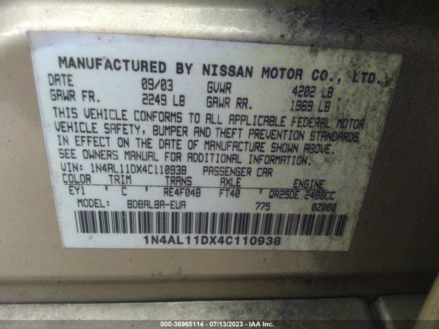 2004 NISSAN ALTIMA S VIN: 1N4AL11DX4C110938