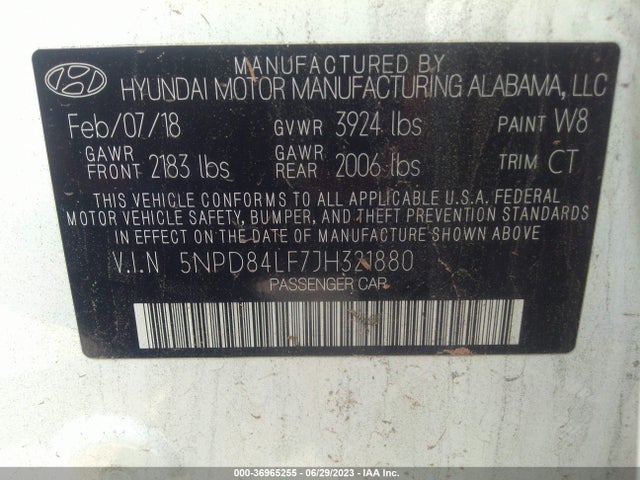 2018 HYUNDAI ELANTRA SEL VIN: 5NPD84LF7JH321880