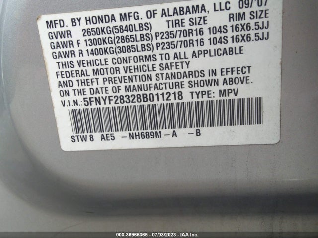 2008 HONDA PILOT SE VIN: 5FNYF28328B011218