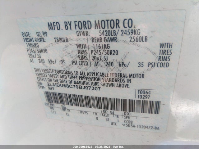 2009 LINCOLN MKX VIN: 2LMDU68C79BJ07307