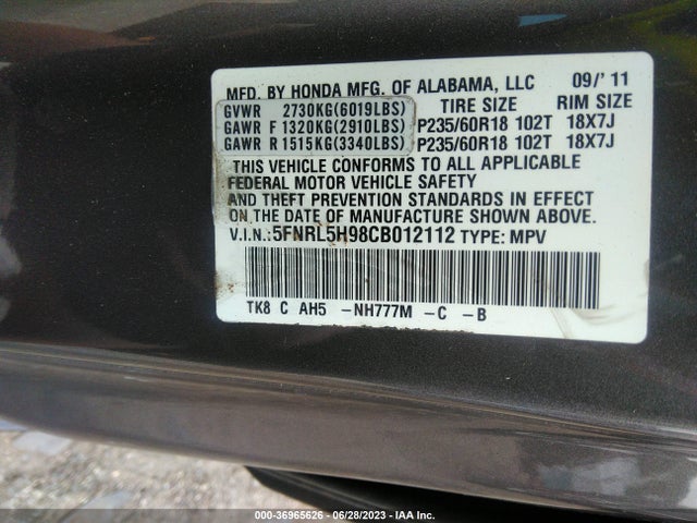2012 HONDA ODYSSEY TOURING VIN: 5FNRL5H98CB012112