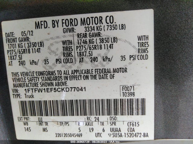 2012 FORD F-150 XL/XLT/FX4/LARIAT VIN: 1FTFW1EF5CKD77041
