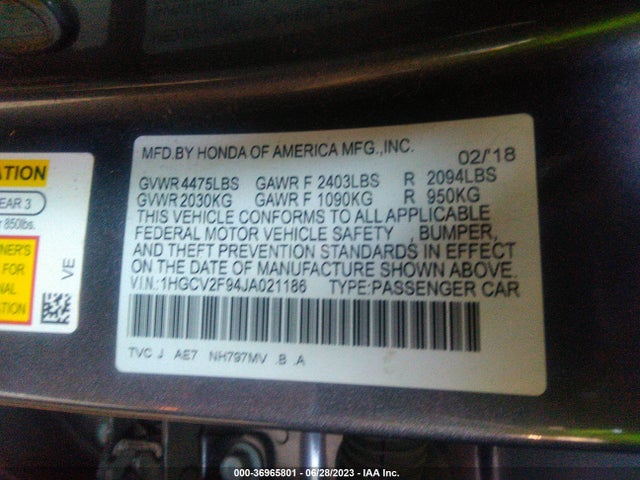 2018 HONDA ACCORD SEDAN TOURING 2.0T VIN: 1HGCV2F94JA021186