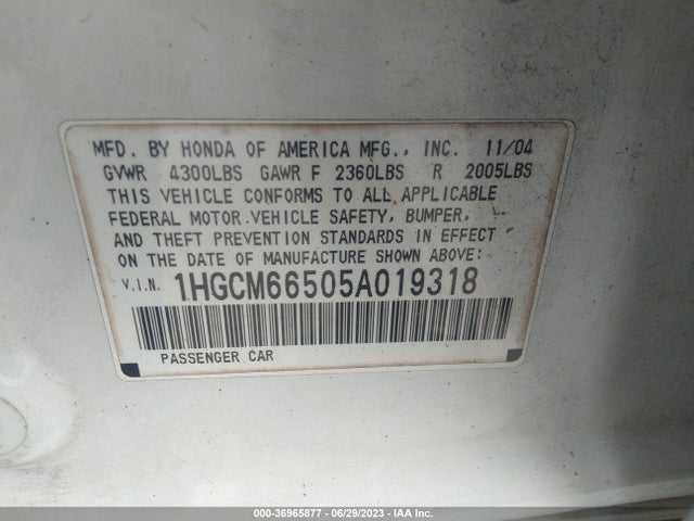 2005 HONDA ACCORD SDN EX-L V6 VIN: 1HGCM66505A019318