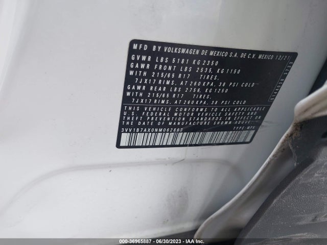 2022 VOLKSWAGEN TIGUAN S VIN: 3VV1B7AX0NM062863