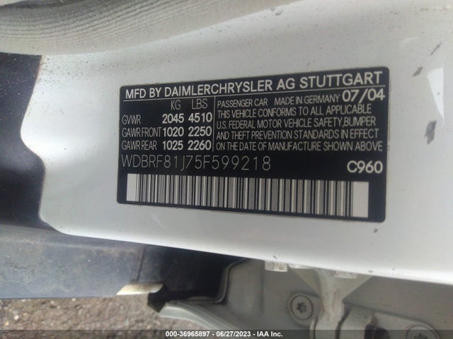 2005 MERCEDES-BENZ C-CLASS 2.6L VIN: WDBRF81J75F599218