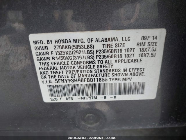 Honda Pilot Touring 2015 5FNYF3H90FB011855 Image 9