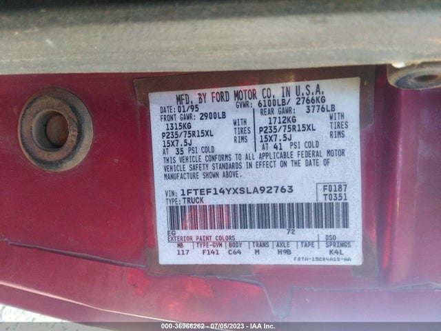 1995 FORD F150 VIN: 1FTEF14YXSLA92763
