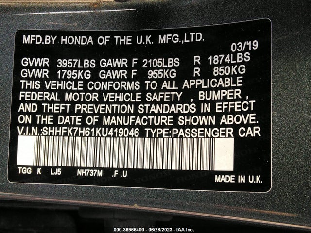 Honda Civic Hatchback Ex 2019 SHHFK7H61KU419046 Image 9