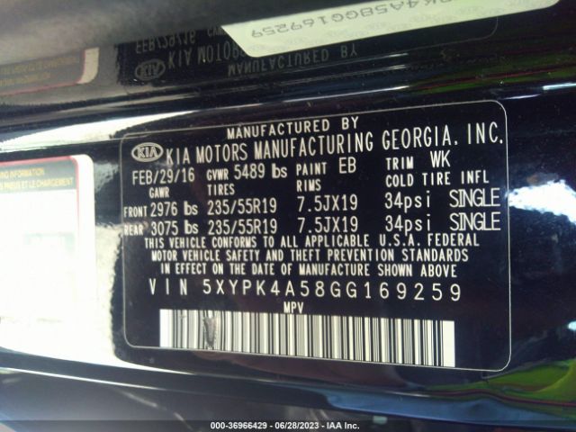 5XYPK4A58GG169259 KIA SORENTO SX