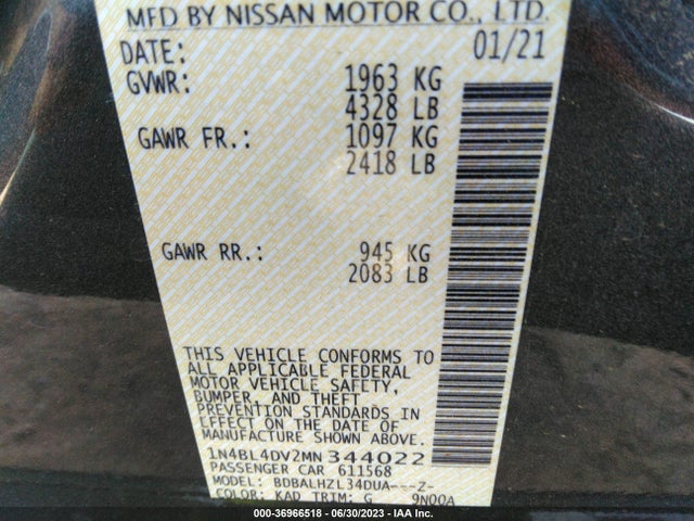 2021 NISSAN ALTIMA 2.5 SV VIN: 1N4BL4DV2MN344022
