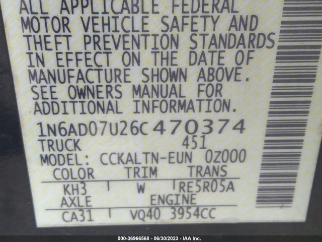 2006 NISSAN FRONTIER SE VIN: 1N6AD07U26C470374