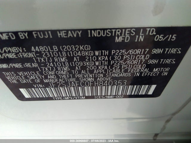 2015 SUBARU FORESTER 2.5I PREMIUM VIN: JF2SJAFC0FH840353