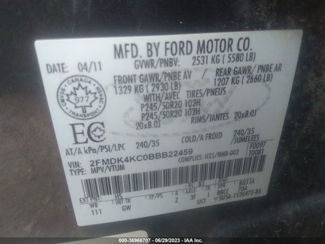 2011 FORD EDGE LIMITED VIN: 2FMDK4KC0BBB22459
