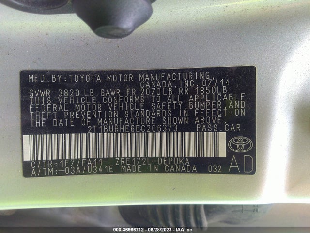 2014 TOYOTA COROLLA L/LE/S/S PLUS/LE PLUS VIN: 2T1BURHE6EC206373