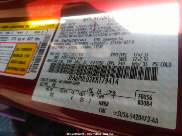 3FA6P0LU2KR179414 Ford Fusion Hybrid Se