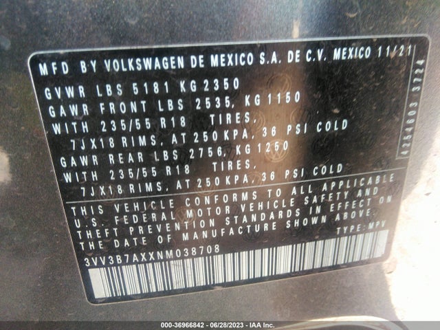 3VV3B7AXXNM038708 Volkswagen TIGUAN SE