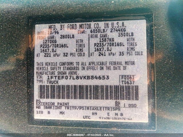 1997 FORD F-150 XL/XLT/LARIAT VIN: 1FTEF07L8VKB84653