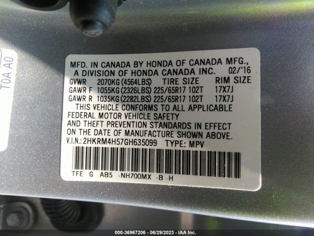 Honda CR-V EX 2016 2HKRM4H57GH635099 Image 9